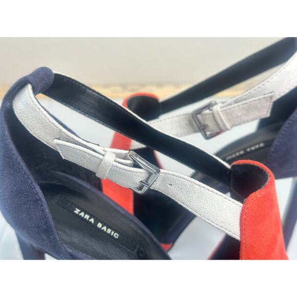 Zara Color Block Suede Stiletto Sandals Blue White Orange Open Toe Sexy 40 (9.5) - Picture 9 of 9